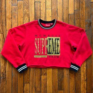SUPREME Team 2017 Men's Red Black Gold White Striped Crewneck Cut Off Sweatshirt
